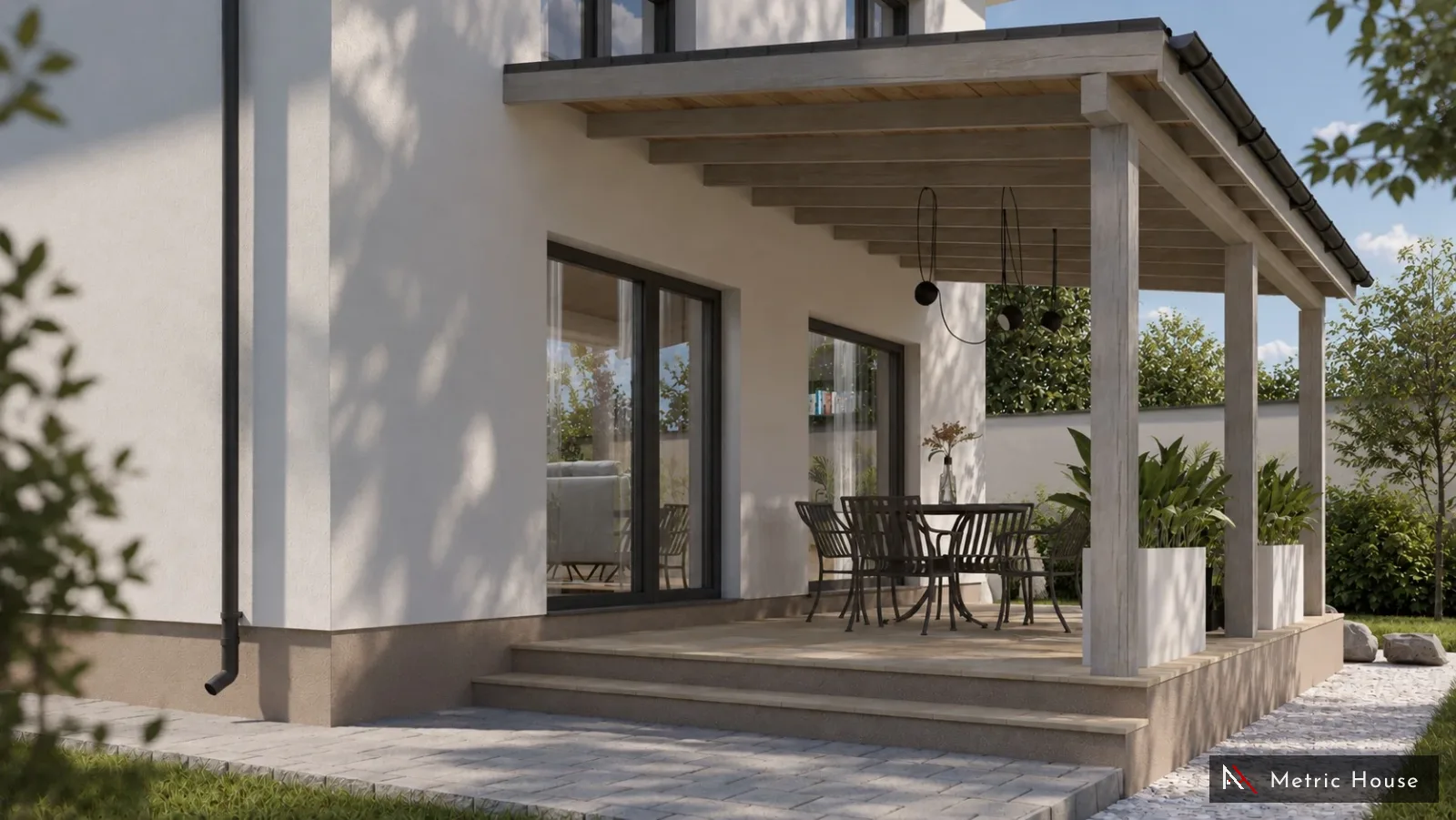 Living luminos cu canapea bej, parchet herringbone și masă ovală din lemn